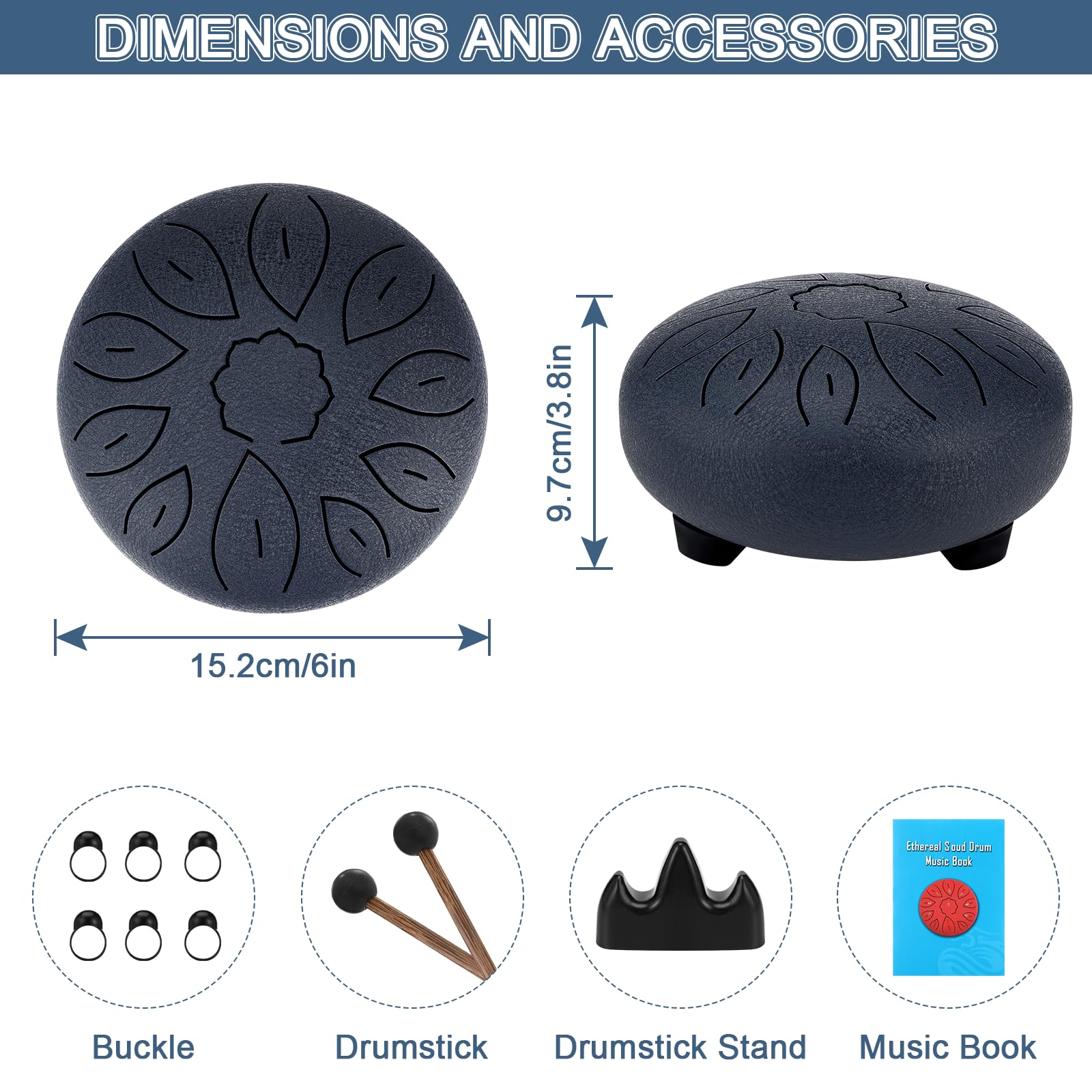 Gowkeey Steel Tongue Drum, 6 Pollici 11 Note Tamburo Handpan, Strumento a Percussione Tamburo, Tamburo del Handpan, Accordato Tamburi con Carry Bag, Note Sticks, Ditali, Porta Bastoncini per Appunti