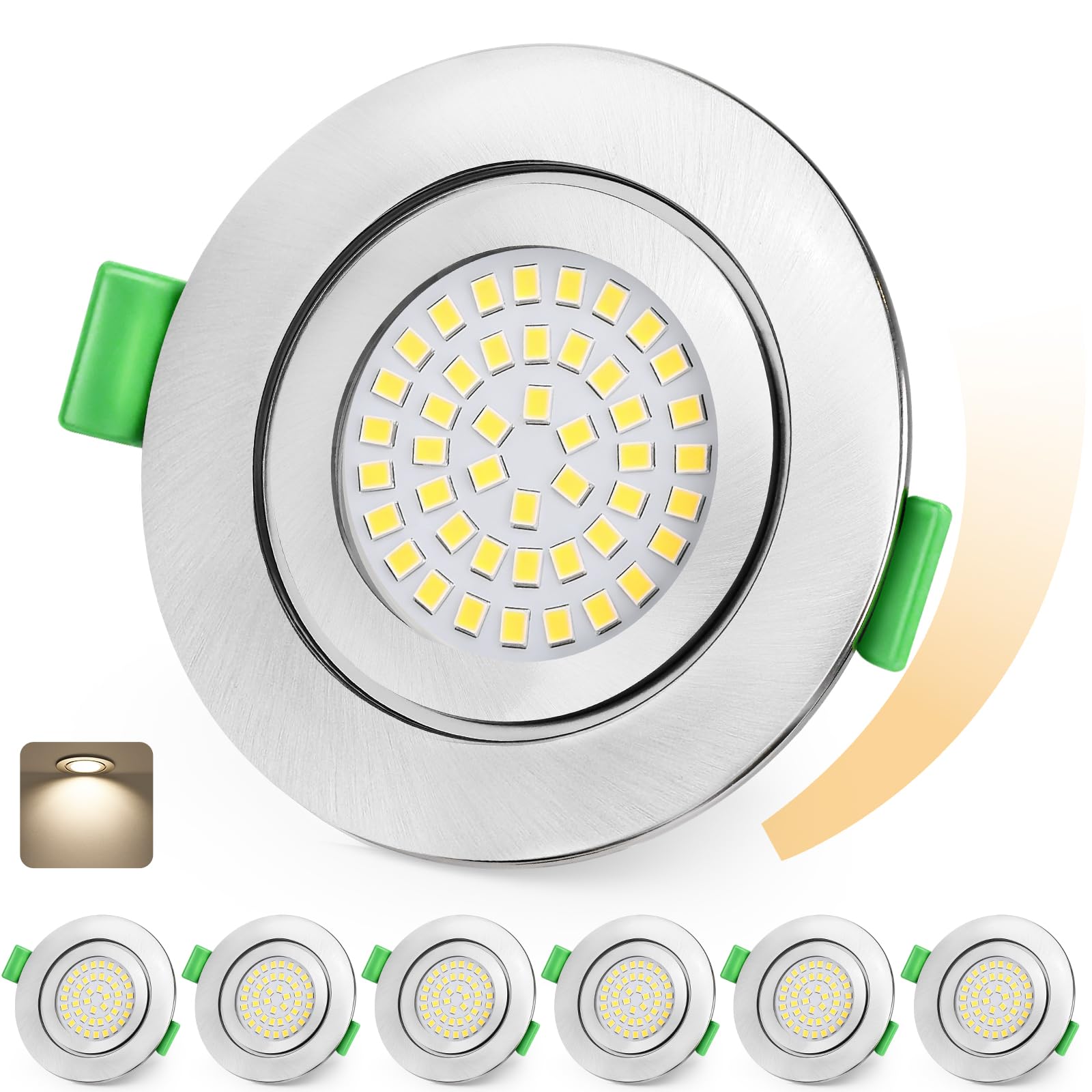 KYOTECH LED Einbaustrahler 230V Dimmbar 65-75mm Ultra Flach LED Spots 5W IP65 Bad Einbauleuchten Deckenspots Neutralweiß 4000K Einbauspots für Badezimmer Wohnzimmer, Nickel 6er Set (Nicht Drehbar)