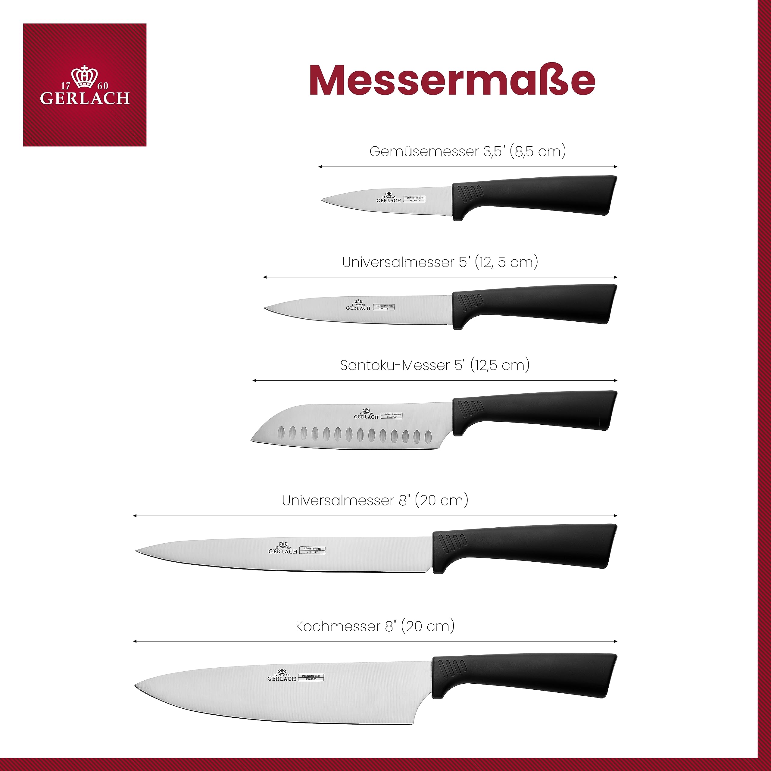 Gerlach Smart Black Messerblock Messerset Küchenmesserset 5 Messer aus Edelstahl Küchenmesser im Block Santoku Gemüsemesser Küche Küchenutensilien Küchenzubehör