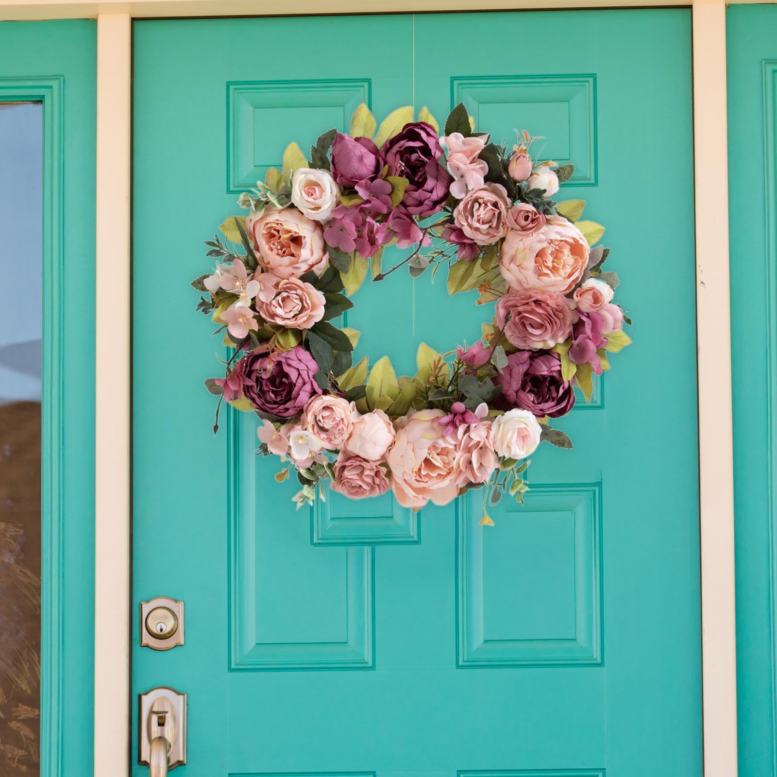 Milageto Ghirlanda primaverile per porta d'ingresso, fiori di artificiali, ghirlanda da 40 cm per matrimonio, finestra, soggiorno, Capodanno, Pasta di Fagioli Viola