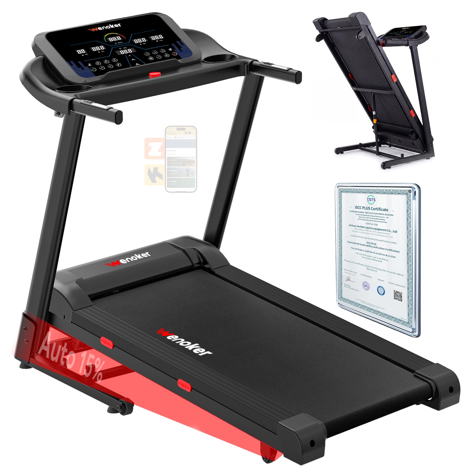 Laufband mit 15% automatischer Steigung für Zuhause klappbar Profi Walking Pad bis 160kg mit 3,0 PS Motor,14 km/h, LED-Display & App-Steuerung, Treadmills für Home Office