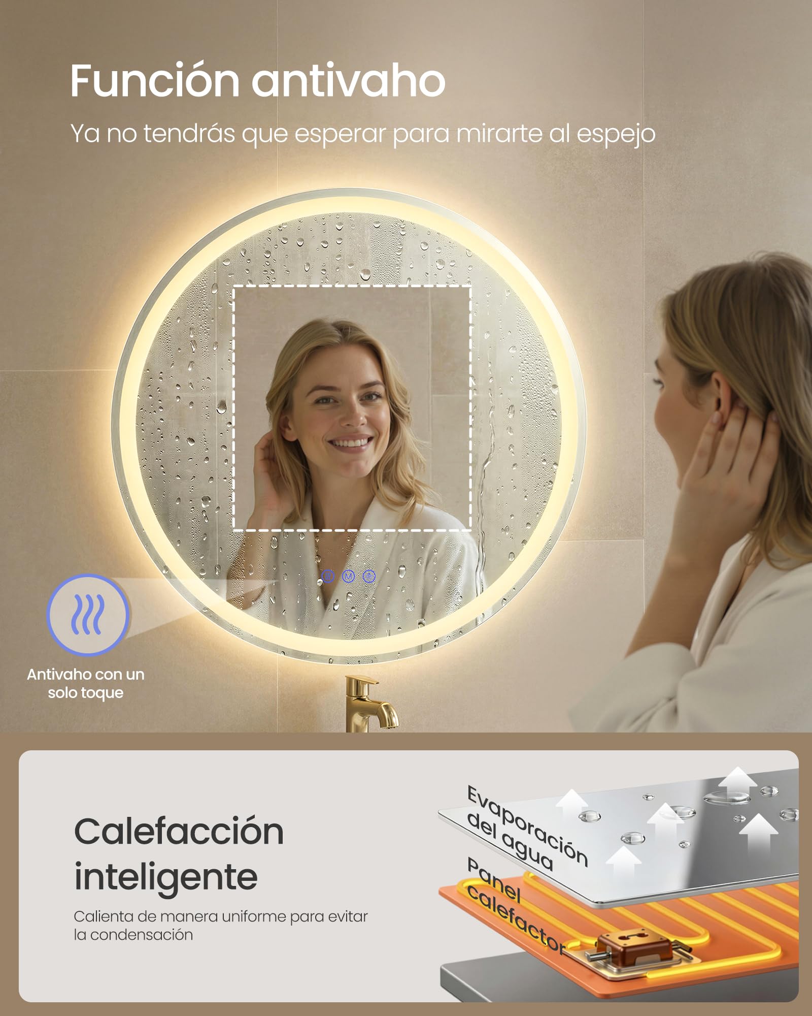SONGMICS Espejo de Baño con Luz, Espejo de Pared Redondo, Función Antivaho, Tono y Brillo Ajustables, Maquillaje, Dormitorio, Baño, 61 cm, Blanco Nube LWM211WC02