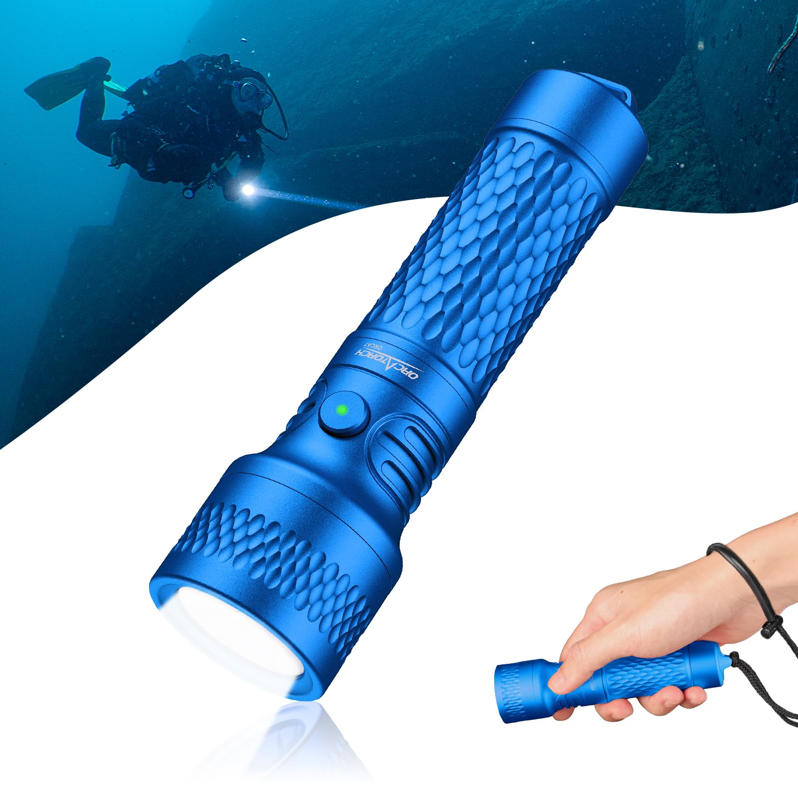 ORCATORCH ORCA7 Dive Torch, 3000 Lumens Waterproof Underwater Light with 6° Narrow Beam & SOS Mode, IP68 Rated to 150m for Night Diving, Wreck Exploration and Technical Scuba Gear (Blue)