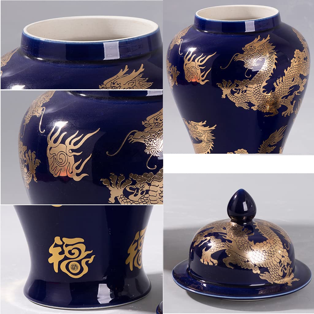 ZHOUXIAO Chinesische Tradition Ingwerglas-Vasen mit Deckel und goldenem Drachenmuster, Porzellanglas, große Keramik-Tempelglas-Vase, Handwerk mit Deckel, dekorativ für Heimdekoration, Schwarz, M