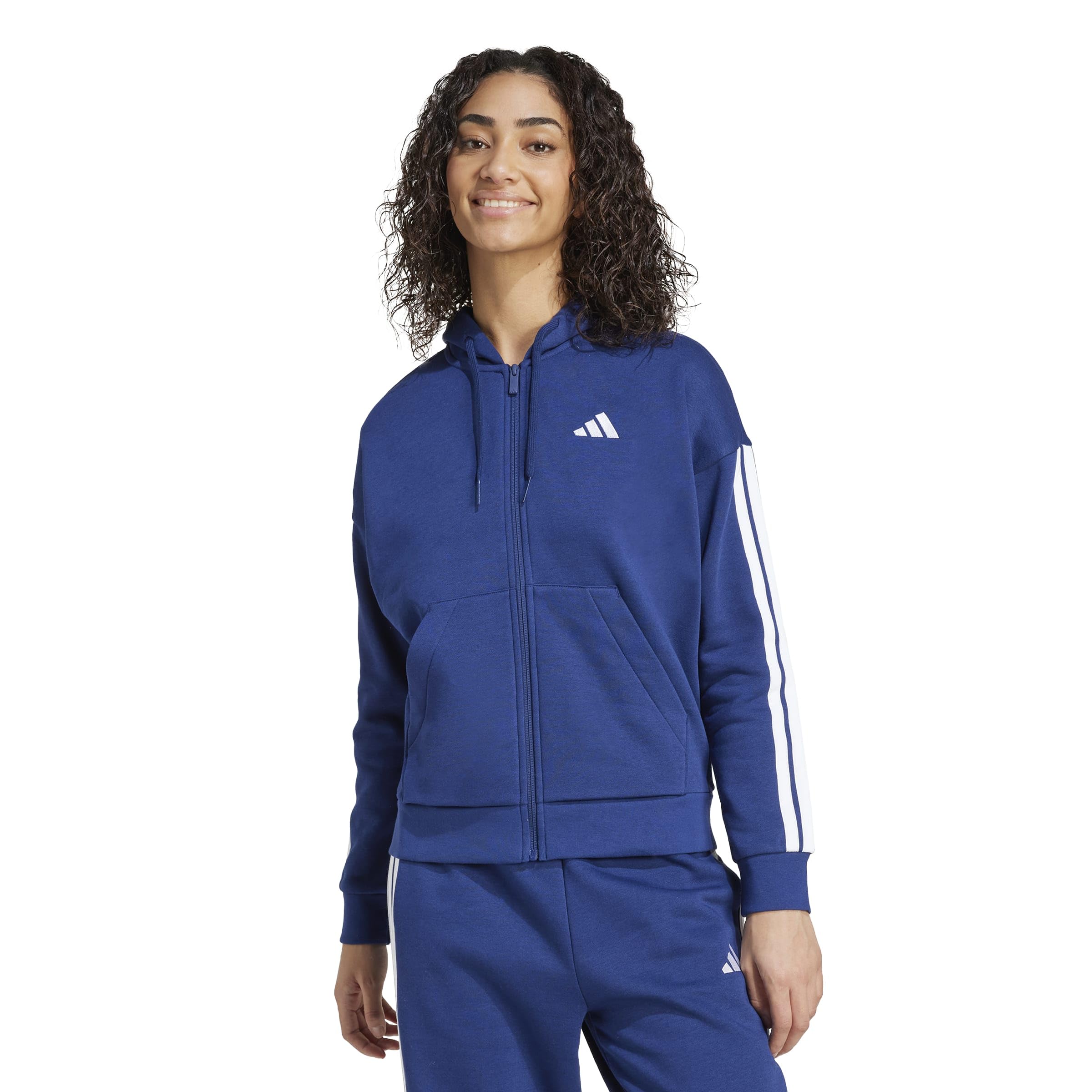 adidas Kobiety Essentials 3-Stripes Full-Zip Fleece Hoodie Sweatshirt, dark blue/white, S