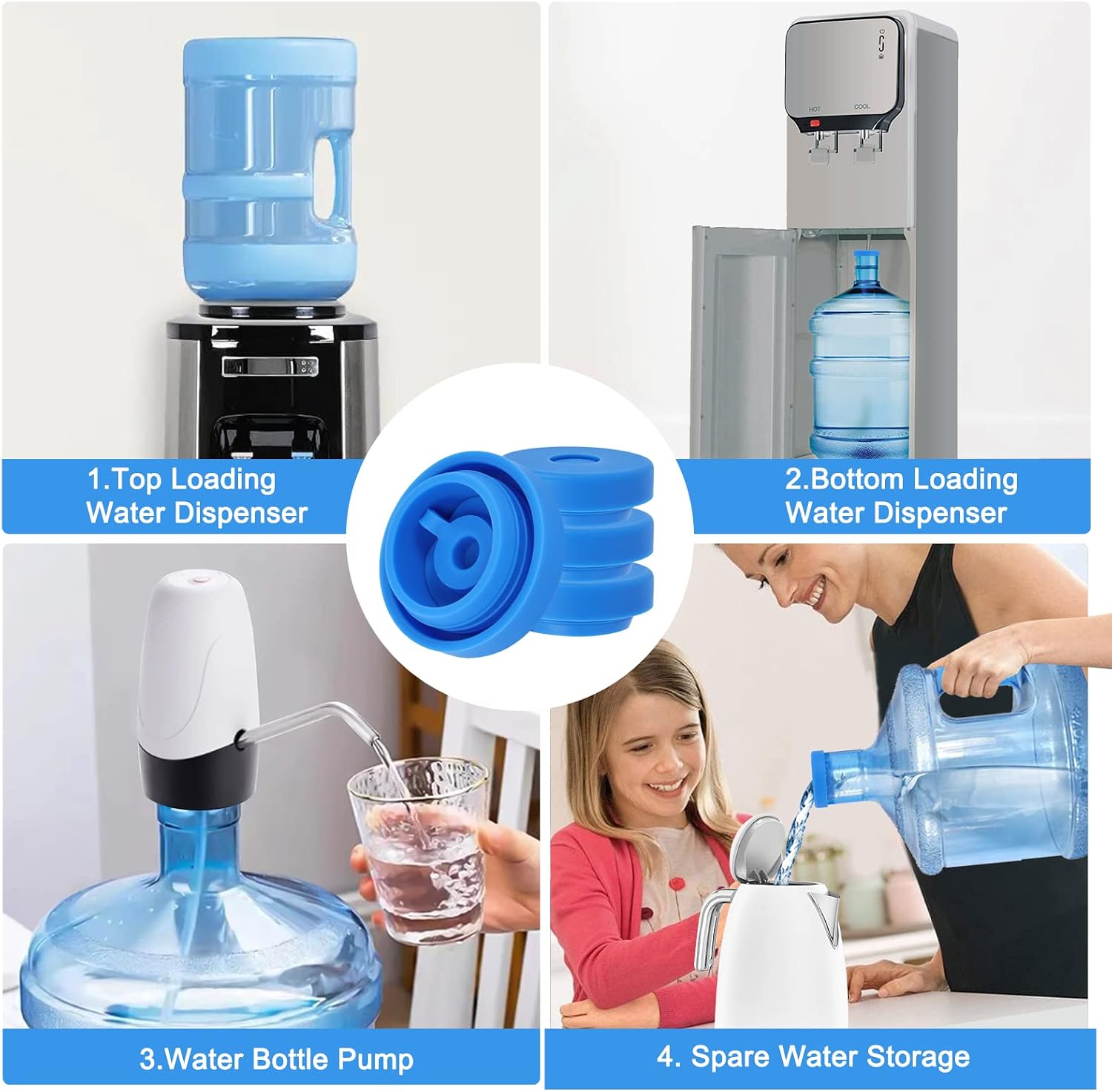 4 Pack 5 Gallon Caps for Water Jugs, Reusable Gal Jug Cap, Replacement Leak Proof Bottle Lids Fit 55mm Bottles Dispenser, Non Spill Refilling Five Gallons Lid Anti-Splash