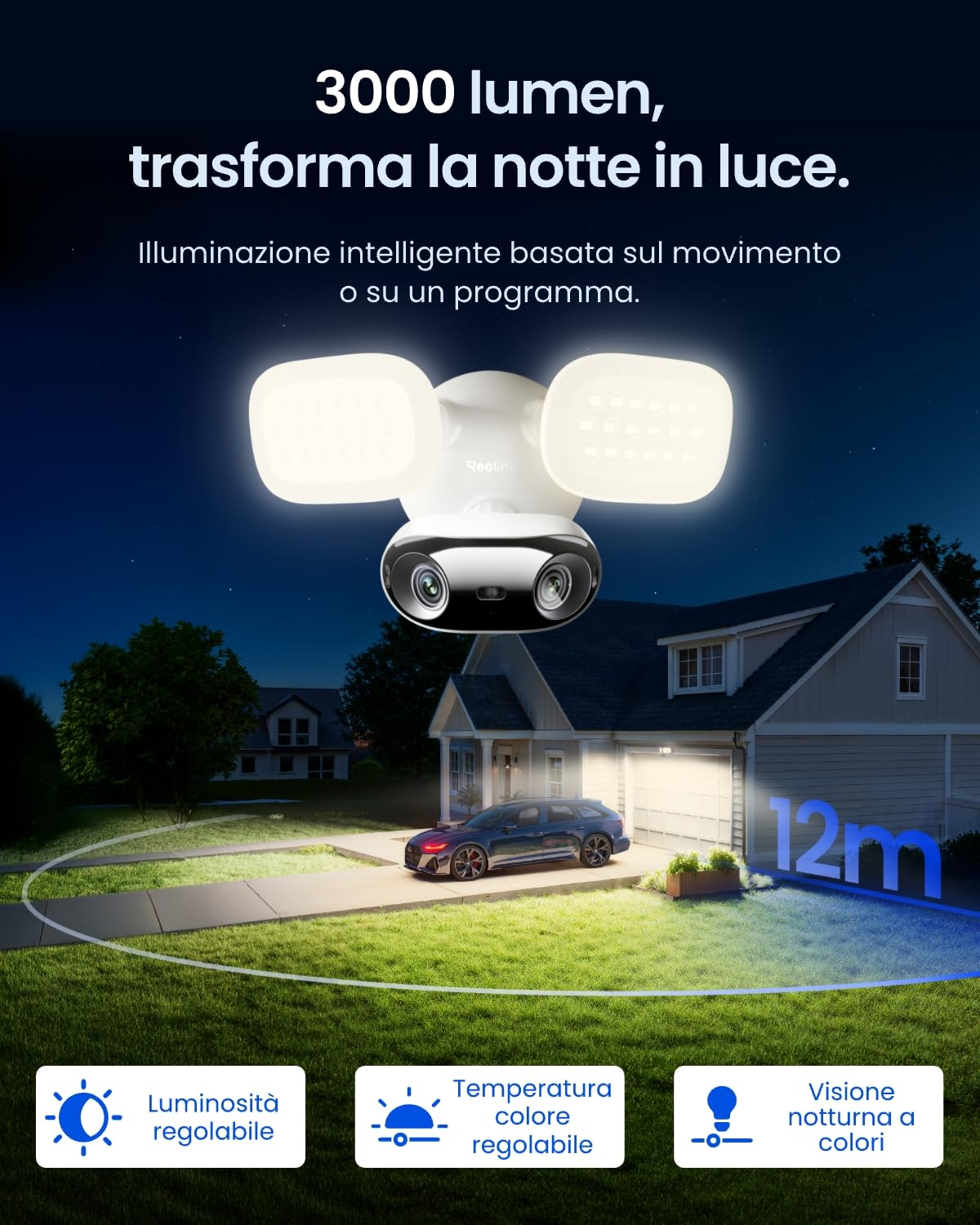 Reolink 4K Telecamera WiFi Esterno 180°, Doppio Obiettivo, WiFi 6 Dual-Band | Videocamera Sorveglianza con Rilevamento AI, AI Video Search Locale, Compatibile con Alexa, Elire Floodlight WiFi