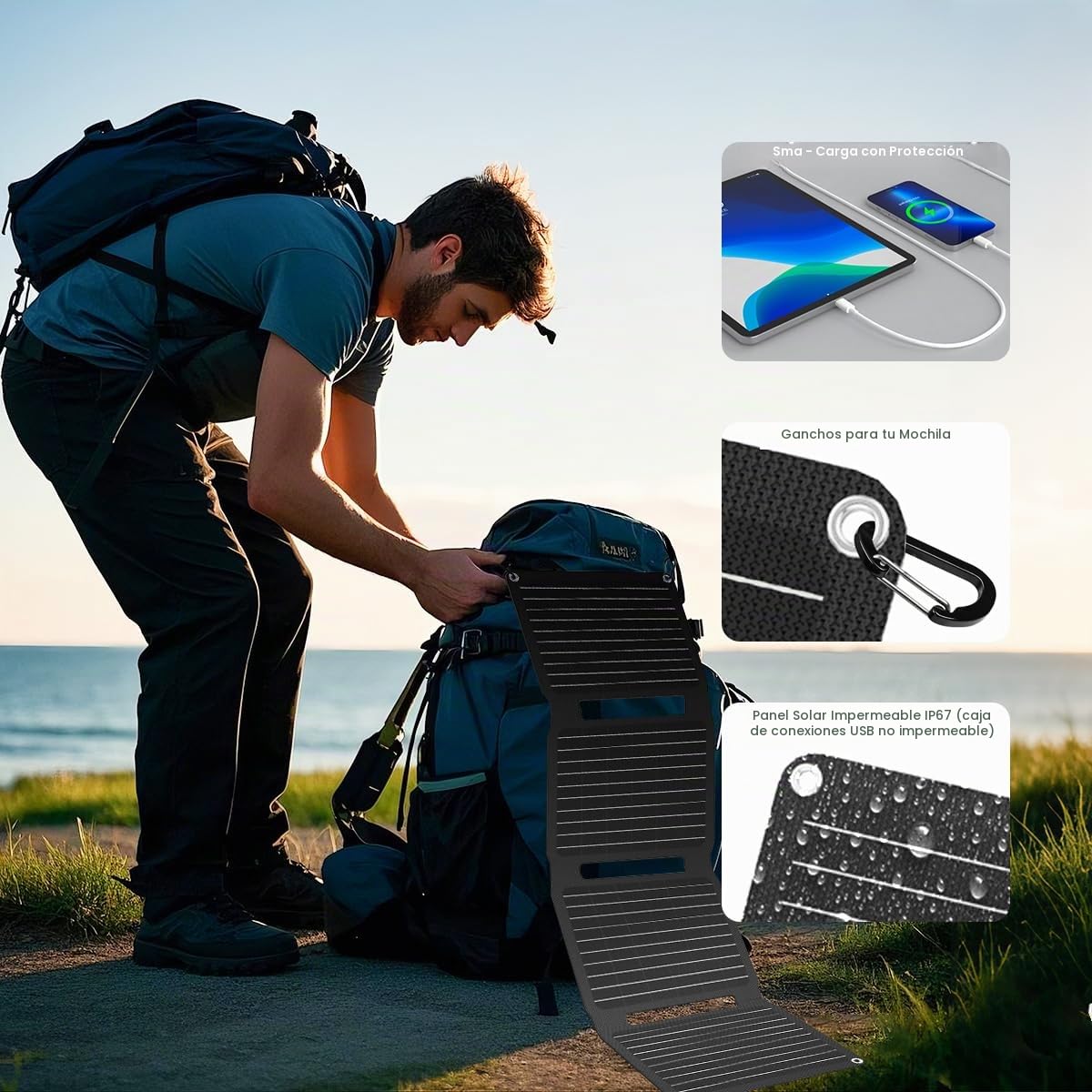 FlexSolar Panel solar plegable portátil de 30 W QC3.0 18 W USB-A USB-C Impermeable IP67 Carga rápida para móviles, tabletas, powerbank, cámara, linterna de camping y senderismo