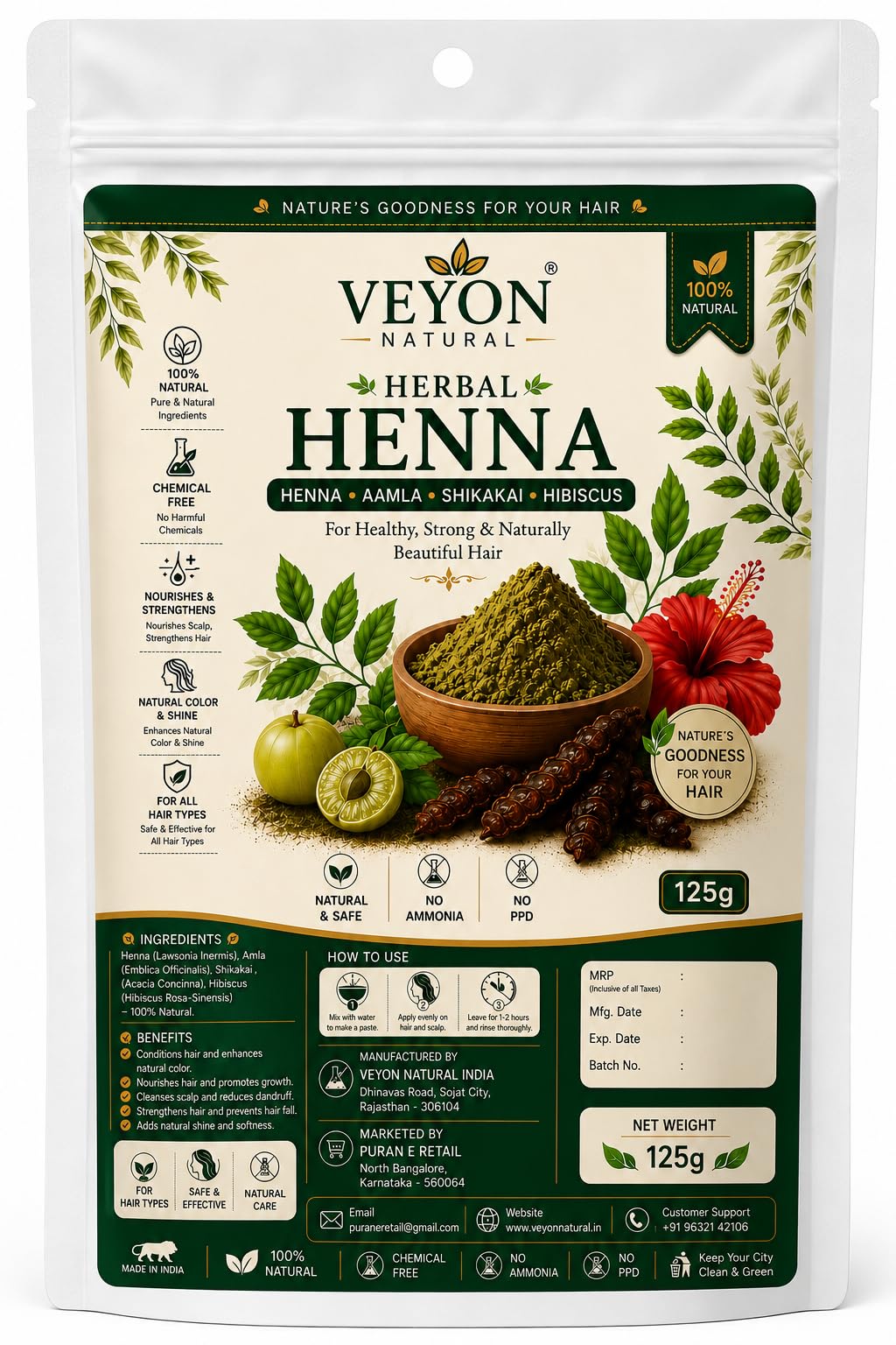 Herbal Henna Powder with Aamla, Shikakai, Hibiscus, 125g | Chemical Free, No Ammonia & No PPD, Nourishes & Strengthens, Natural Colour & Shine, All Hair Types-image-8
