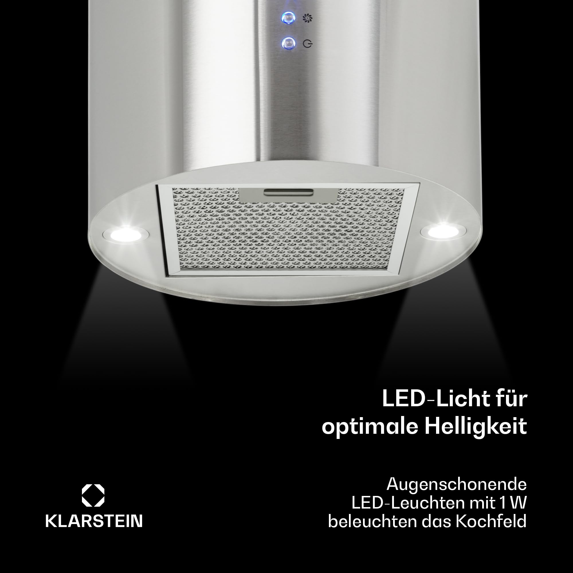 Klarstein Insel-Dunstabzugshaube Freihängend 583m³/h Abluft/Umluft 3 Stufen Aktivkohlefilter