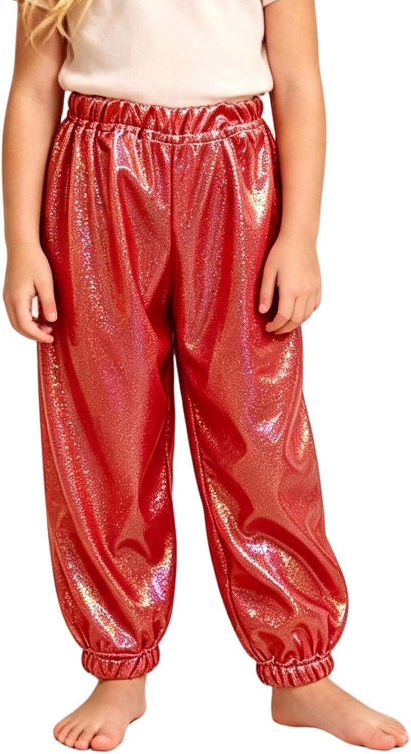 Oplxuo Boys Girls Metallic Jogger Pants Elastic Waist Shiny Dance Trousers