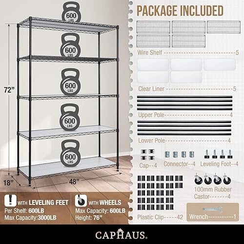 Miniatura 3 de CAPHAUS NSF - Estantería de alambre resistente de grado comercial con ruedas, patas de nivelación y forros, estante de metal de almacenamiento,