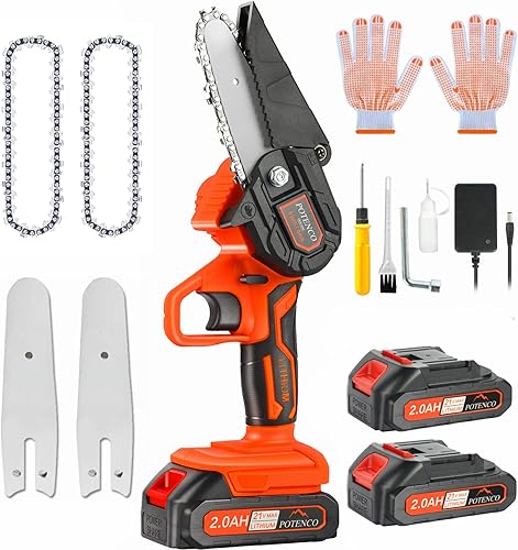POTENCO Mini motosierra, pequeñas motosierras eléctricas de mano, mini motosierras alimentadas inalámbricas con bloqueo de seguridad y 2 baterías,