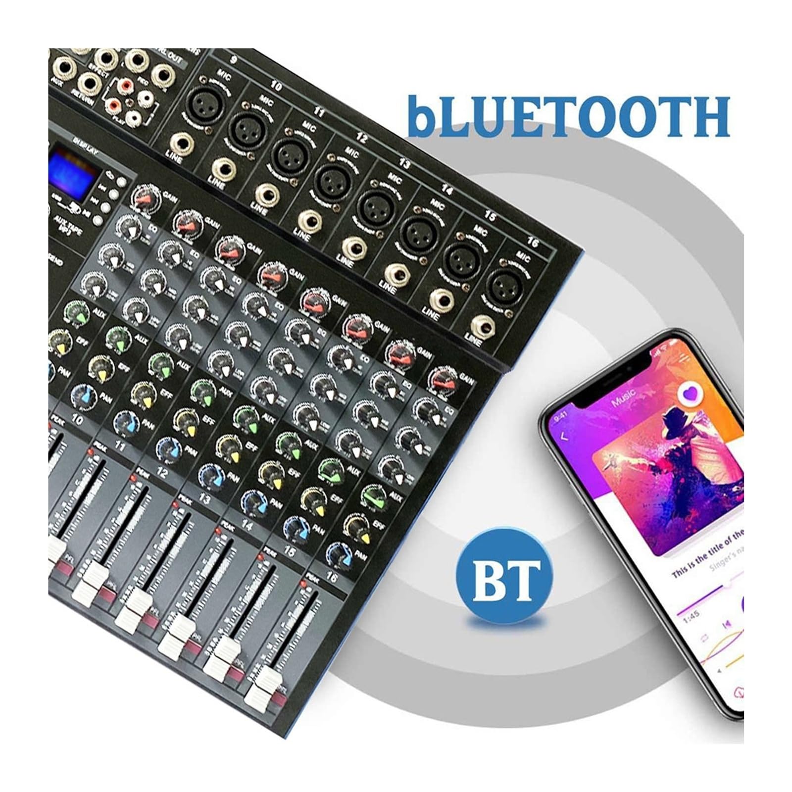 Mezclador de audio, Mezclador profesional de 16 canales con salida única BT y efecto reverberación, ideal for presentaciones canto