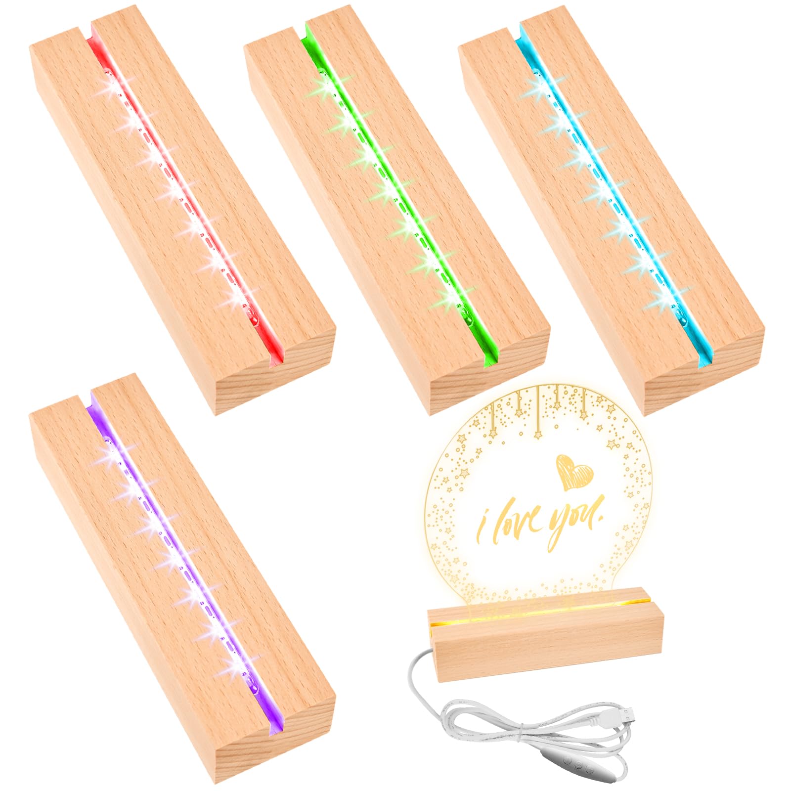 BAIFULAI 4 pezzi attacco LED, 15 cm, base in legno, 7 colori, base luminosa, base luminosa con interruttore USB, colore regolabile, base per display per blocco di vetro, cristalli, vetro, resina