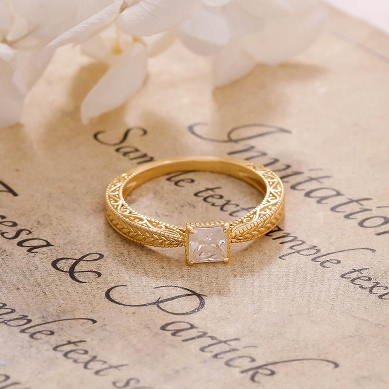 Anillo solitario de oro amarillo de 9 K/14 K/18 K con moissanita de princesa, espiga de trigo solitario