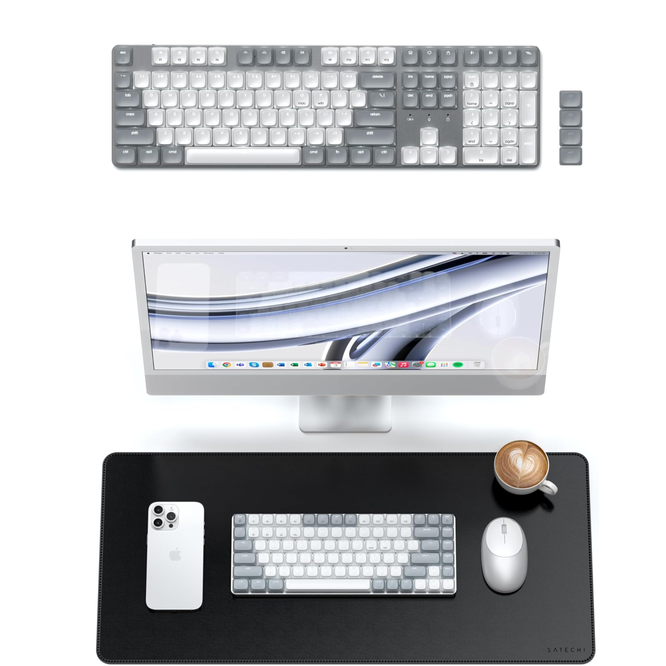 SATECHI Bundle Tappetino Mouse XXL 68x32 cm Nero in PU + SM3 Tastiera Meccanica Bluetooth 108 Tasti con Tastierino Numerico Retroilluminata QWERTY per Mac e Windows