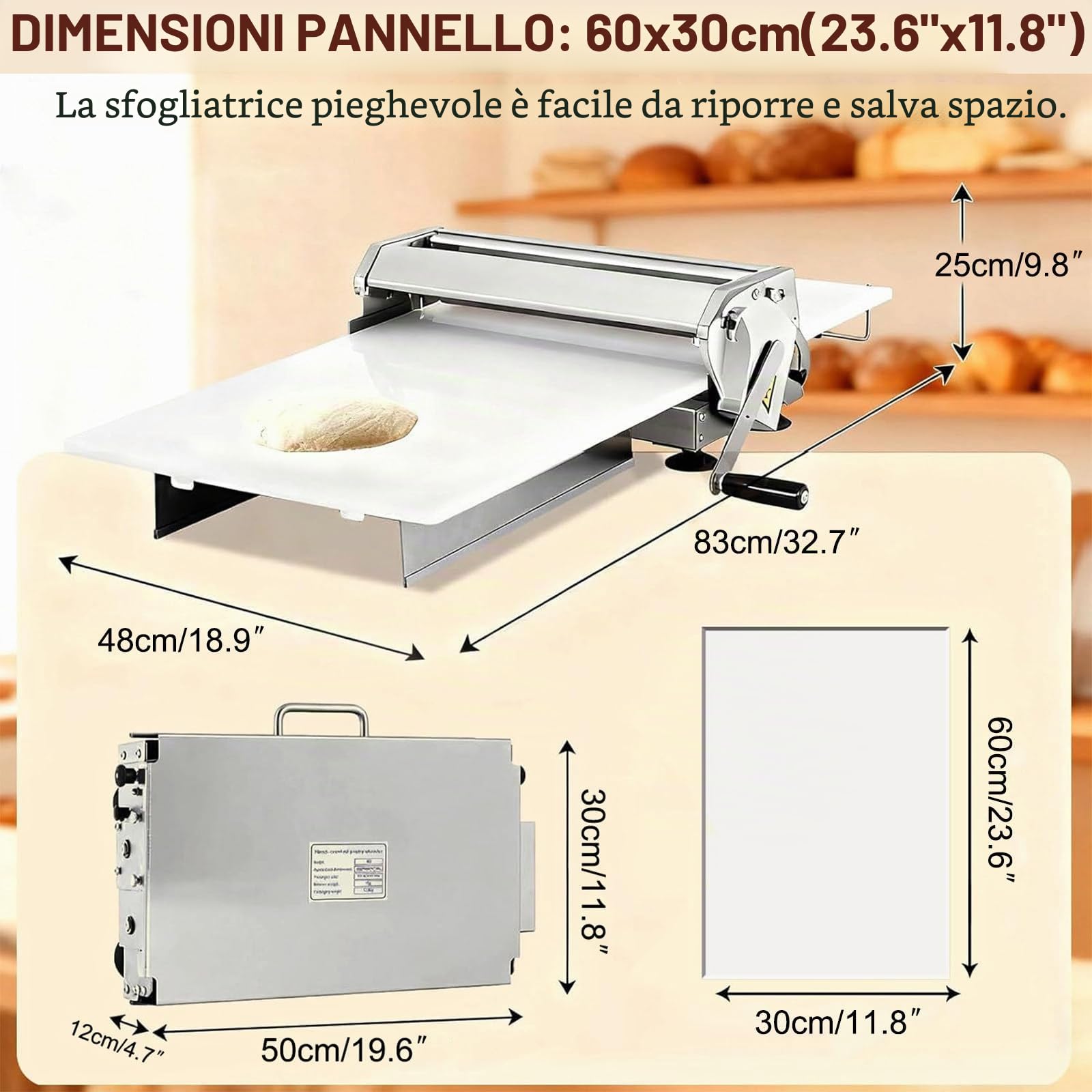 Sfogliatrice Pieghevole Portatile con Spessore Regolabile da 0 a 25 mm, Macchina per Sfoglia Commerciale per Croissant, Pizzerie e Panifici 60x30cm