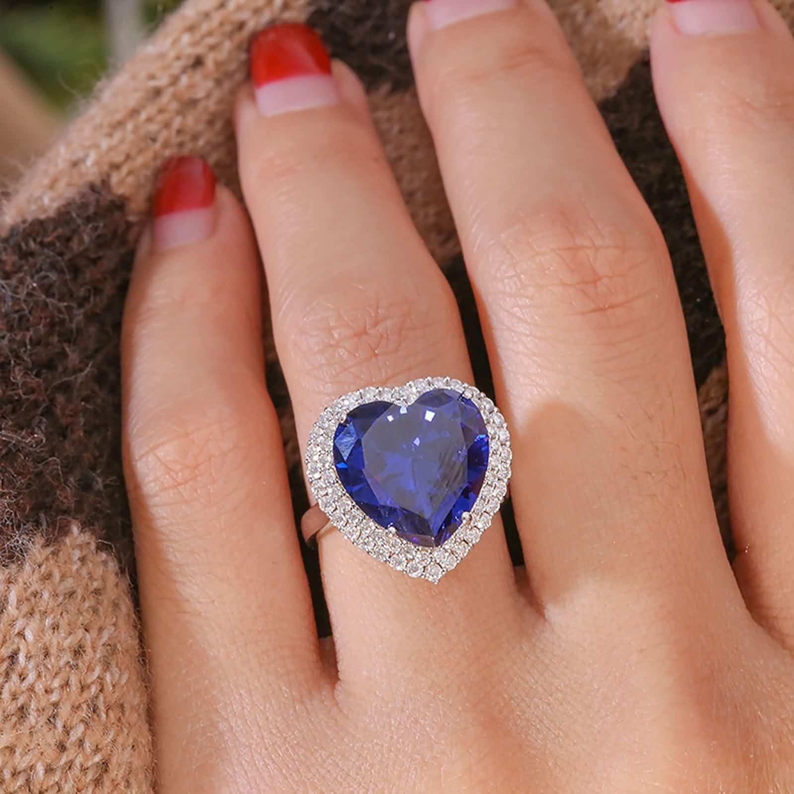 Anello per gioielli in oro bianco 14 carati 585, anello per l'eternità, fedi nuziali in laboratorio, con zaffiro 4 carati, cuore blu, oro 14 carati, con moissanite da donna, misura 61, Oro
