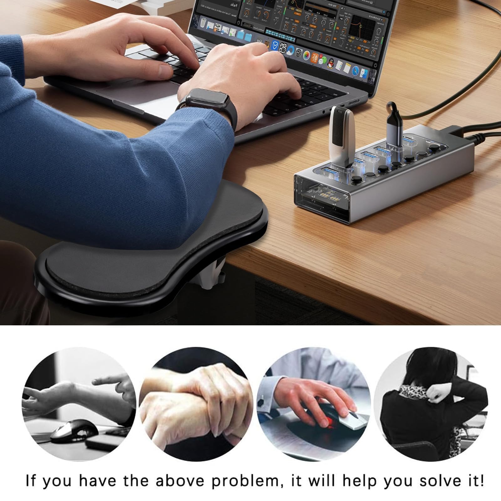 Bracciolo Pad Poggiapolso Braccio Regolabile Staffa di Supporto Ergonomico per Mouse 180°