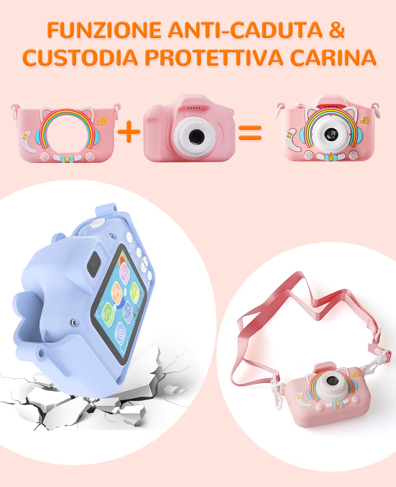Fotocamera Digitale Bambini 1080P IPS 2.0" 44 Cornici 5 Giochi Educativi Gattino