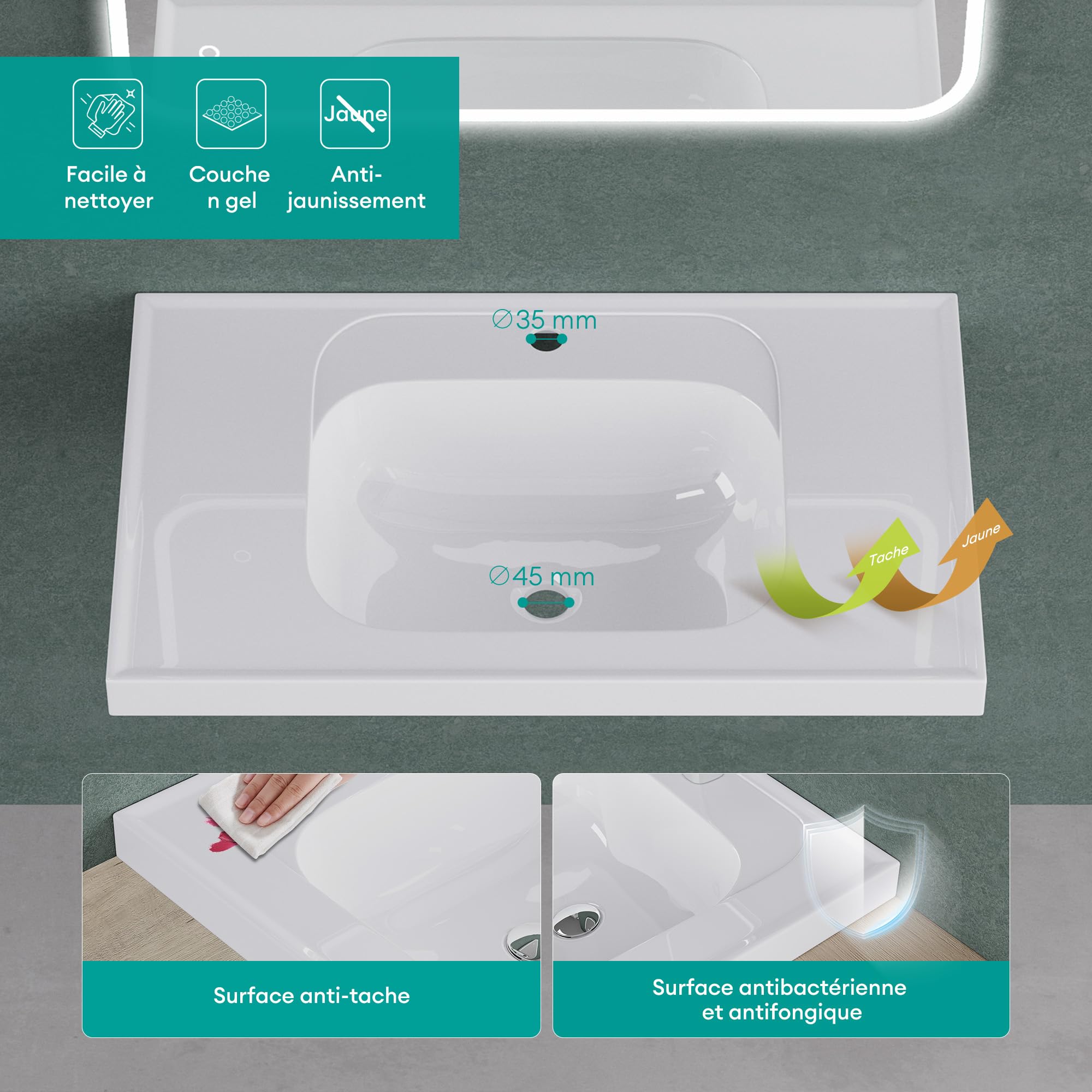 Mai & Mai Vasque Rectangulaire 60x50x16,5cm sans Trop-Plein | Vasque Lavabo, Surface Lisse, et Facile à Nettoyer, pour Salle de Bains Moderne, Colossum3601