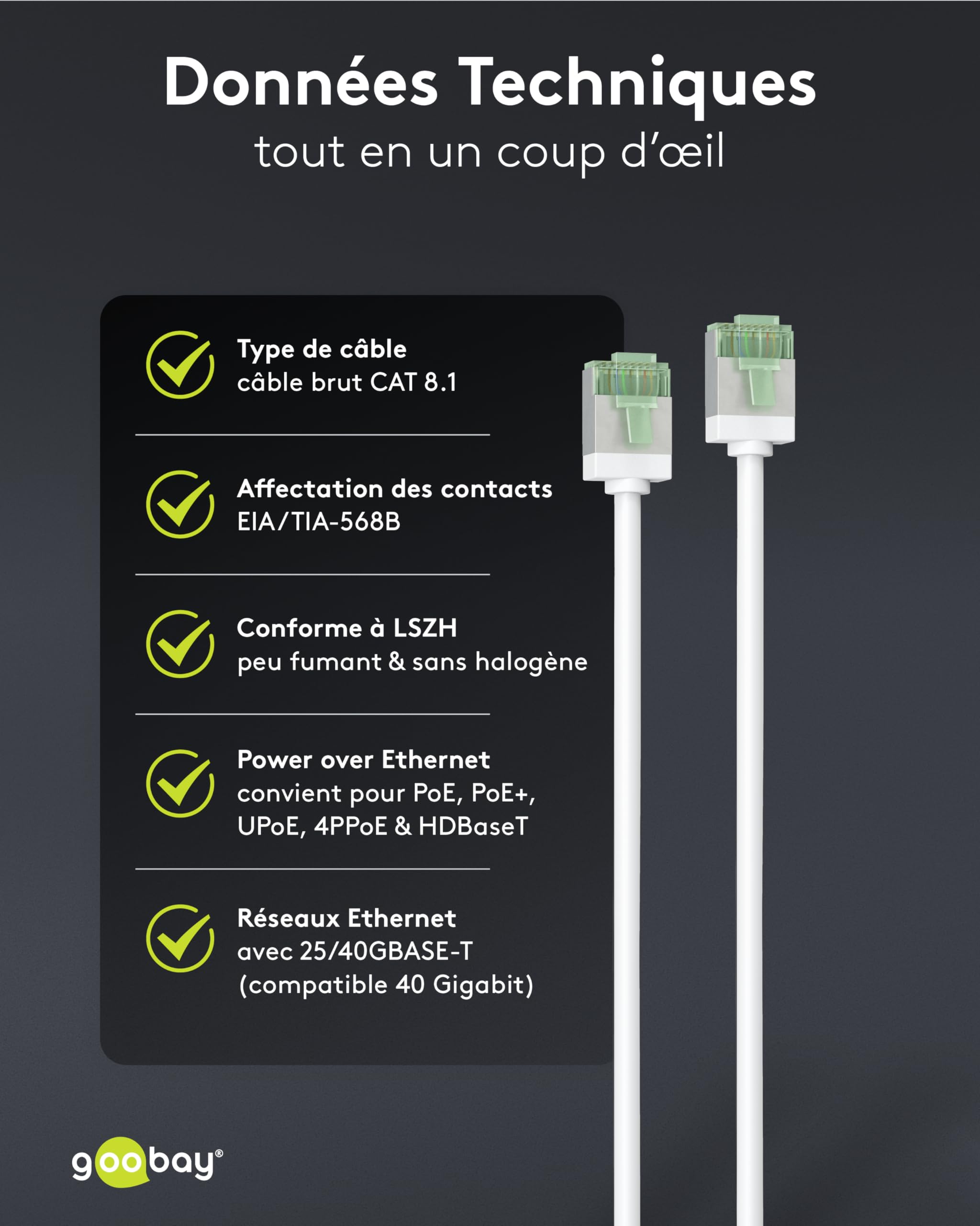 Câbles réseau goobay CAT 8.1, lot de 5 / câbles patch blindés, ultra-flexibles, câbles Ethernet U/FTP/CU, PiMF, LSZH/Cat 8.1 avec 10 Gbits/blanc / 5 x 1 m, 79466