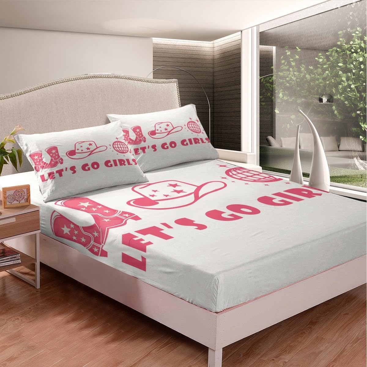 Cowgirl Western Fitted Sheet Queen Size Cowboy Hat Boot Bedding Set Pink and White Sheet Set,Disco Party Bed Cover Ultra Soft Breathable Bedding 3 Pcs for Kids Teens Boys