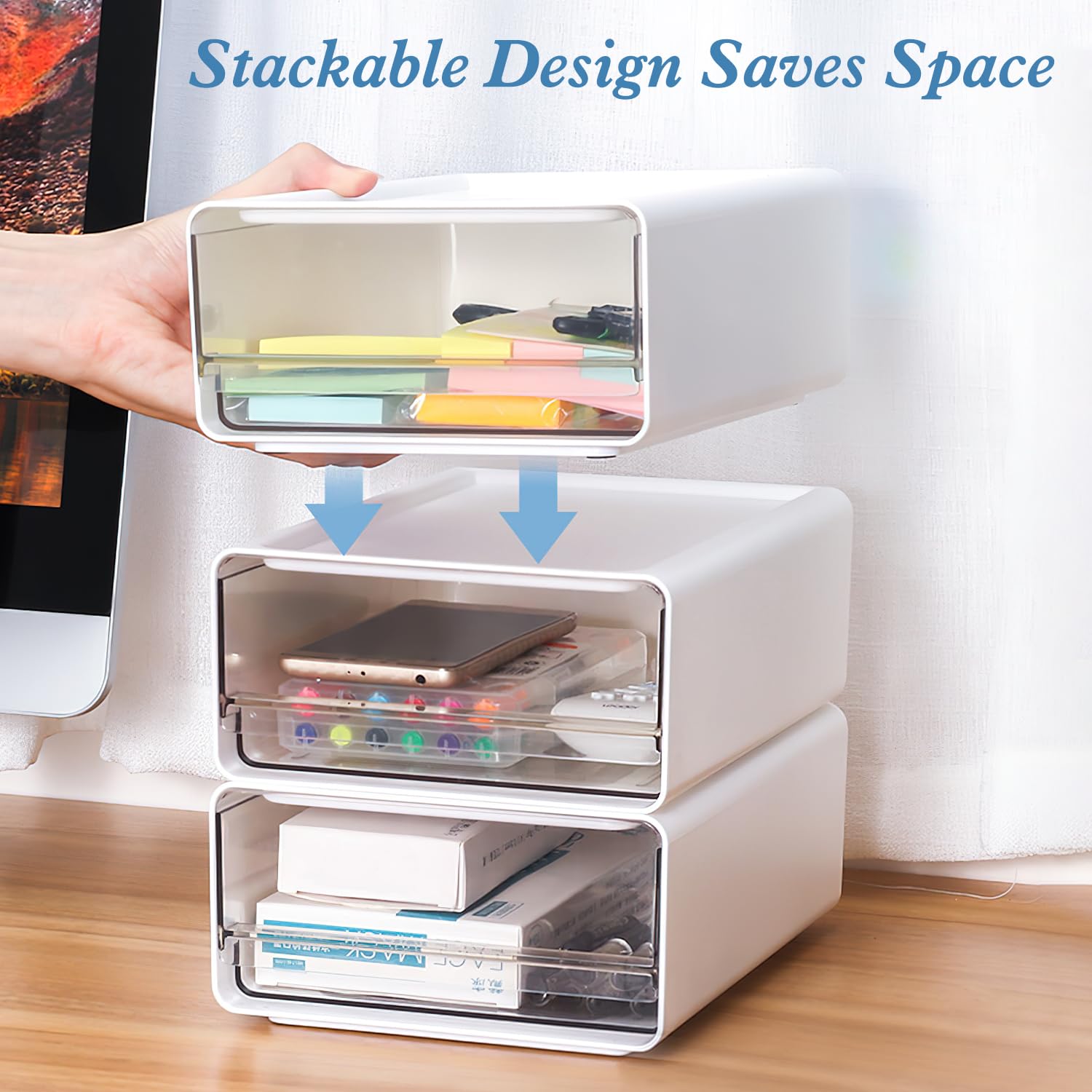 Organizer mit Schubladen Acryl 3 Stück, Schreibtisch Organizer a5, Schubladenbox Stapelbar, Büro Aufbewahrungsbox für Stifte, Radiergummi und Anderes Bürozubehör, Transparent Weiß