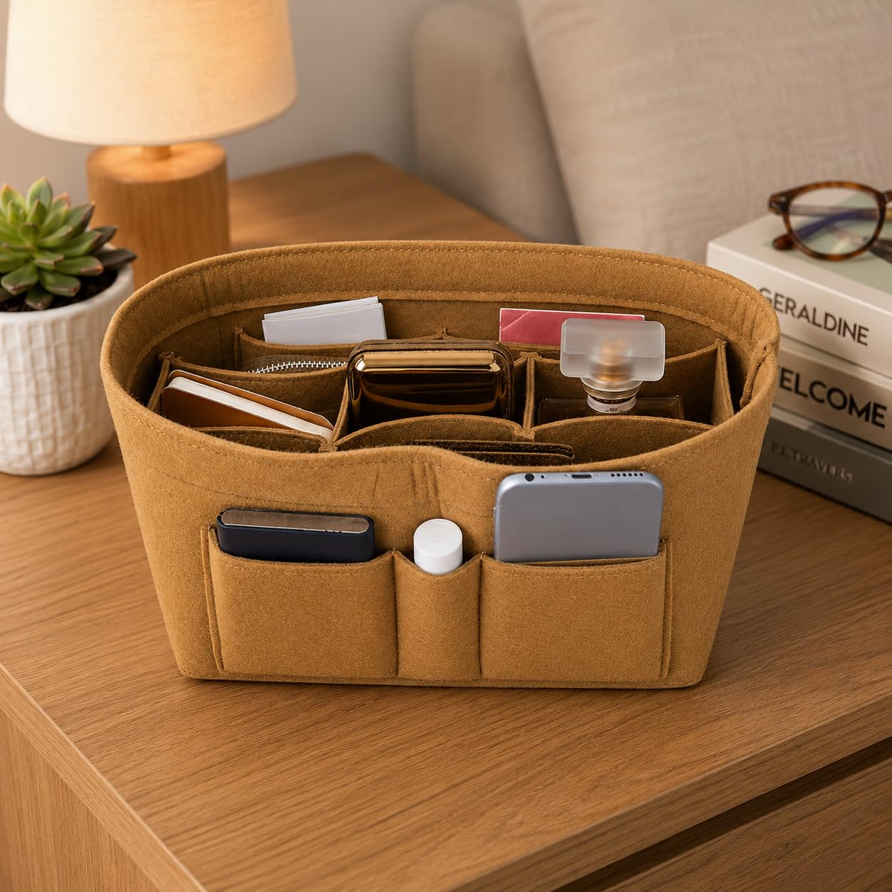 SYUTAM Women Felt Purse Organizer Insert for Ladies Handbag, Tote, Hobo Bag Storage & Purse Divider, Multiple Storage Compartment - Beige(11.3x3.15x6.5) inch (Slender M)-picture-27