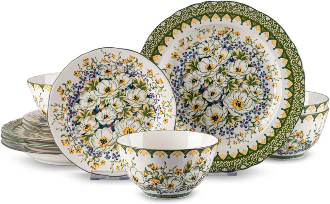 12-Piece Dinnerware Set for 4, Porcelain Plates and Bowls Sets, Polish Jasmine Floral Pattern Bohemian Dishes, Scratch-Resistant Ceramic Dish Set, Microwave & Dishwasher Safe