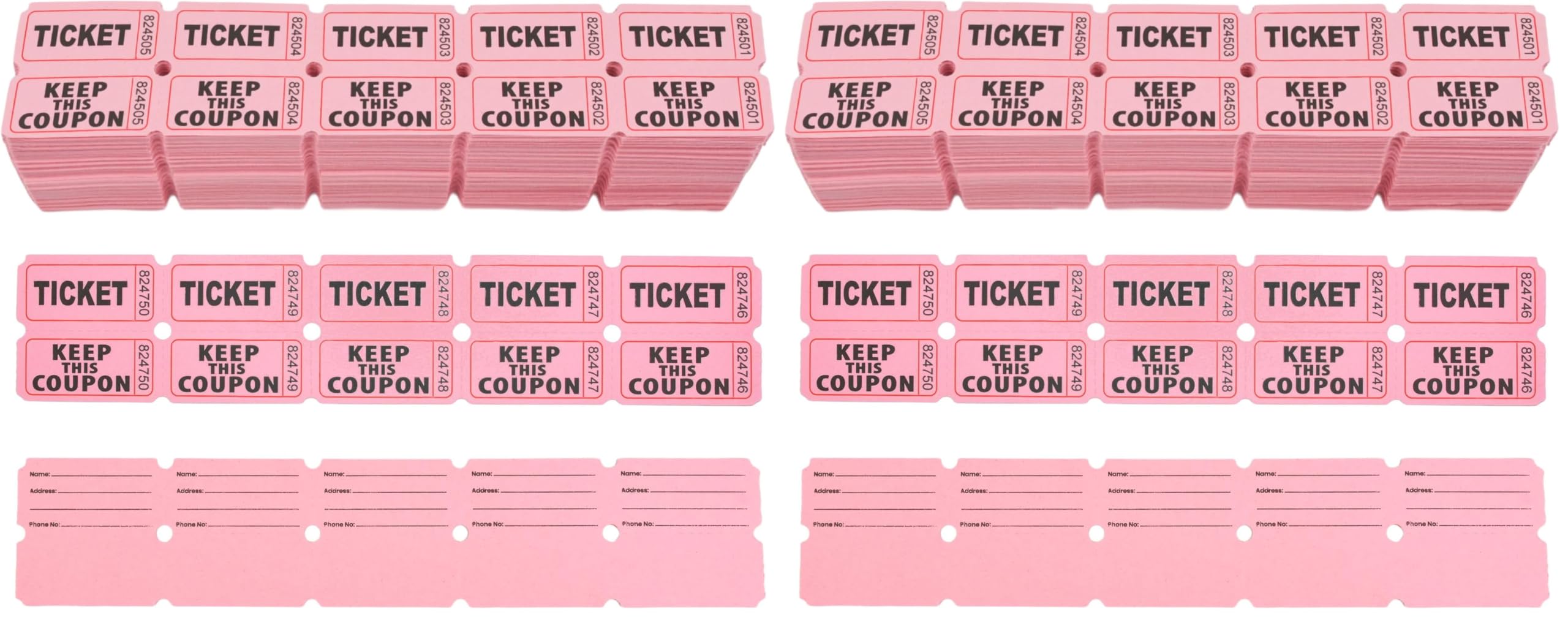 Homrelaxy 2000 Pcs 1000 Pairs Raffle Tickets, 50/50 Double Raffle Tickets, 250 Double Tickets Per Stack, for Events, Entry, Carnivals, and Door Prizes (Pink) (Pack of 2)