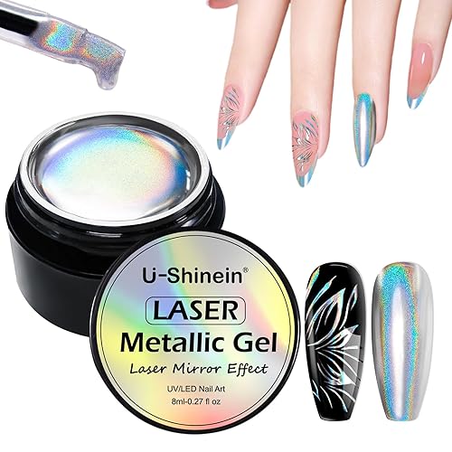 Esmalte de uñas de gel holográfico metálico de 0.3 fl oz, esmalte de uñas de gel de espejo plateado, esmalte de uñas de gel de gel de dibujo pintado