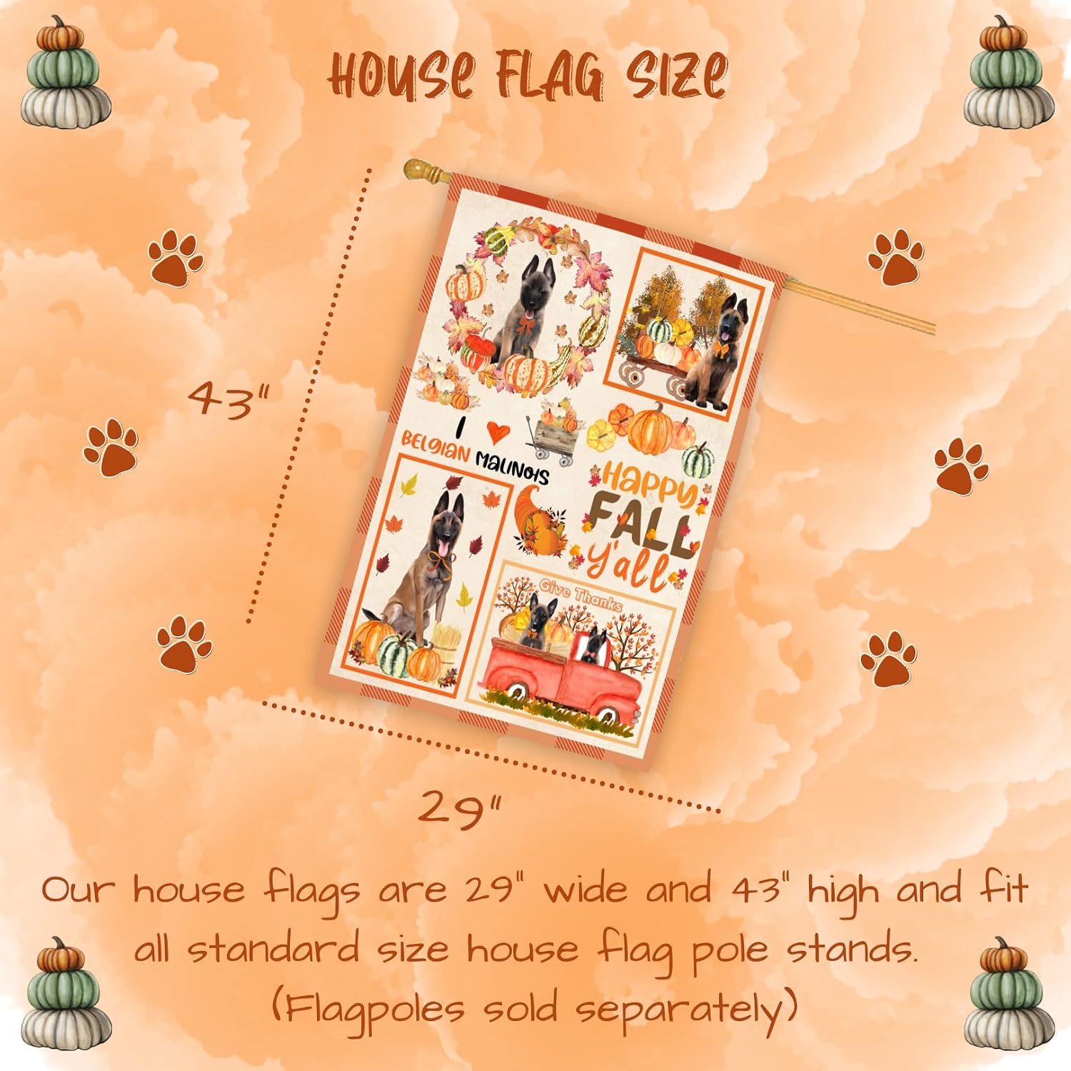 Happy Fall Y'all Belgian Malinois 28×40 House Flag Double Sided | Fall Harvest Welcome Porch Patio Decor | Large Outdoor Full Size Flag | Charming Rustic Home Decor