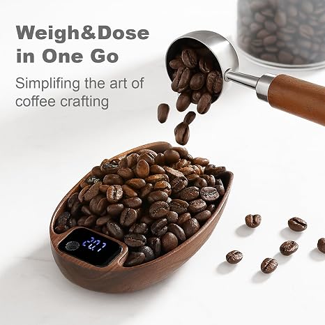 Coffee Scale for Weighting/Dosing in One, 0.1g High Precision Walnut Wooden Espresso Scale, Rechargeable Kitchen Scale with Digital LED, Touch Sensor