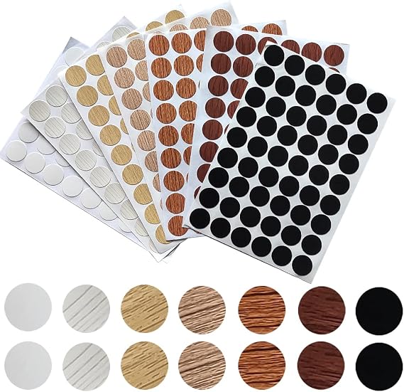 Adhesive Screw Stickers, Dustproof Screw Hole Sticker, 21mm PVC Cover Caps, 7 Colors 378pcs Waterproof Wood Textured Cover for Cabinets Wardrobe Bookcase Desk Furniture Wall Screws Cam Locks Repairing