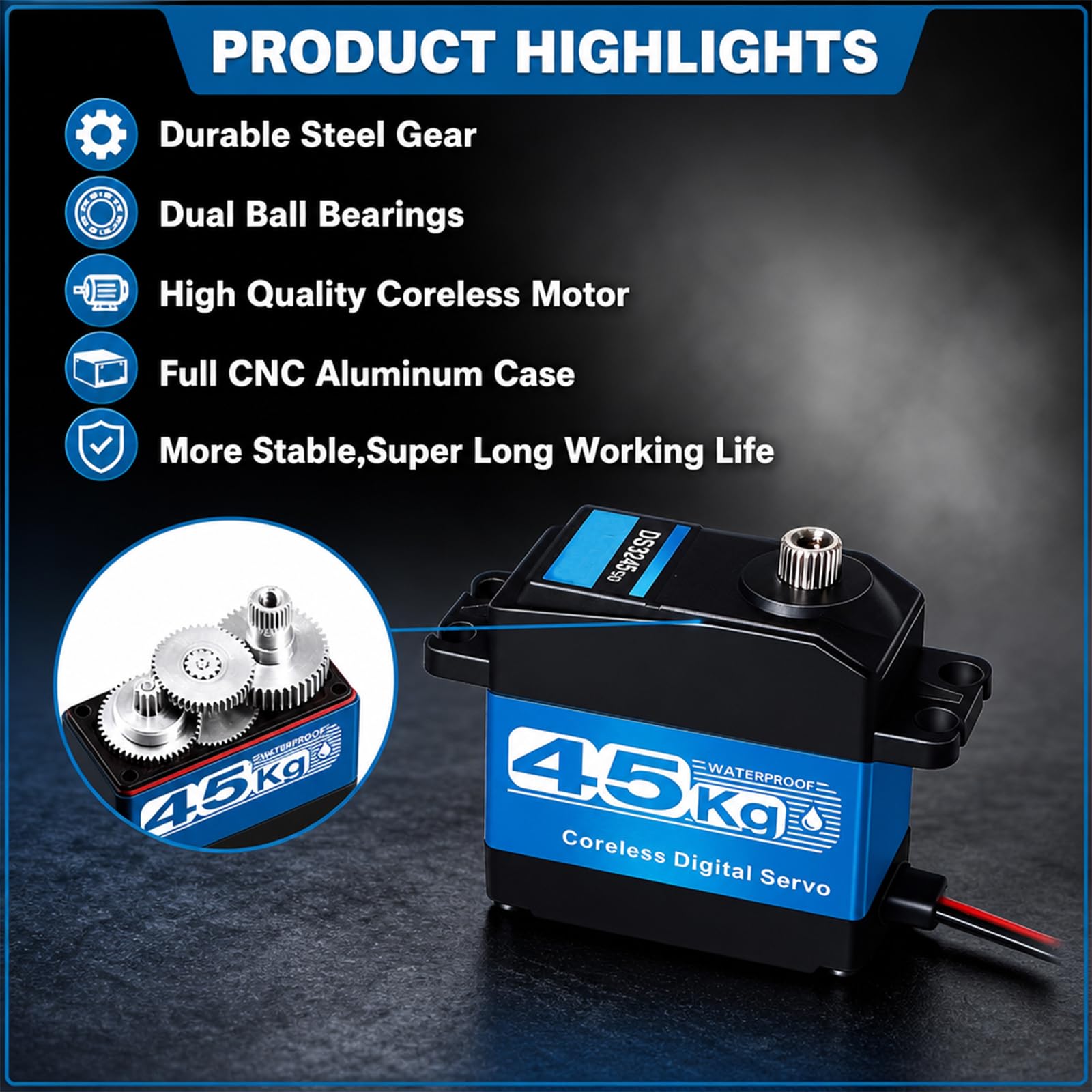 2 confezioni di servomotori per sterzo RC Coreless da 45 kg, 8,4 V, in acciaio inox, a basso profilo, impermeabili, per auto in scala 1/8 1/10 1/12, robotica fai da te, 270 gradi