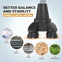 Vista 6 de Punta de bastón cuádruple mejorada: punta de muleta de 4 puntas con placa reforzada de metal en la articulación del bastón, diseño antideslizante