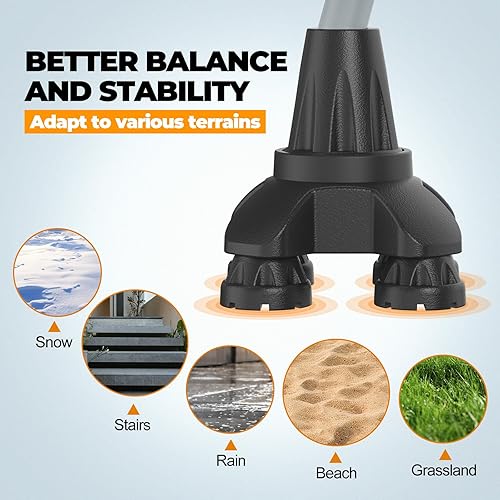 Miniatura 8 de Punta de bastón cuádruple mejorada base de goma de 4 puntas con placa reforzada de metal en la articulación del bastón, diseño antideslizante