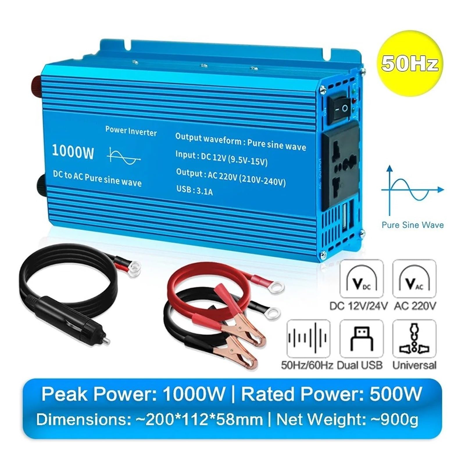 Power Inverter Inversor Corriente Onda Sinusoidal Pura 1000W/1500W/2200W CC 12V/24V A CA 220V Convertidor Voltaje para Adaptador Carga USB Dual Convertidor(12V,1000W 50Hz Uni)