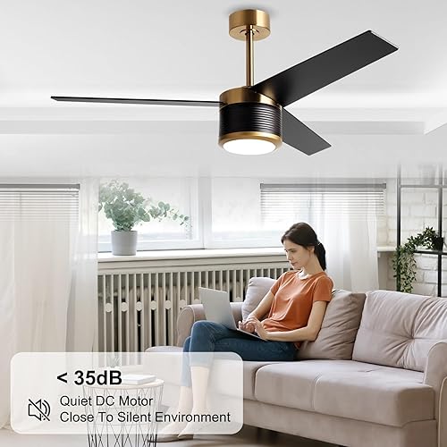 Miniatura 4 de reiga Ventilador de techo moderno de 52 pulgadas con luz, 3 aspas de motor CC negro y dorado, ventiladores de techo de madera, compatible con