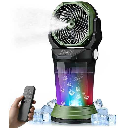 Portable Misting Fan with Remote, 2L Water Tank & 2 Spray Modes, 30000mAh Rechargeable Outdoor Cooling Fan, 4 Wind Speeds, 3 Timers, 120° Oscillation, RGB Lights & Flashlight for Camping Beach Patio