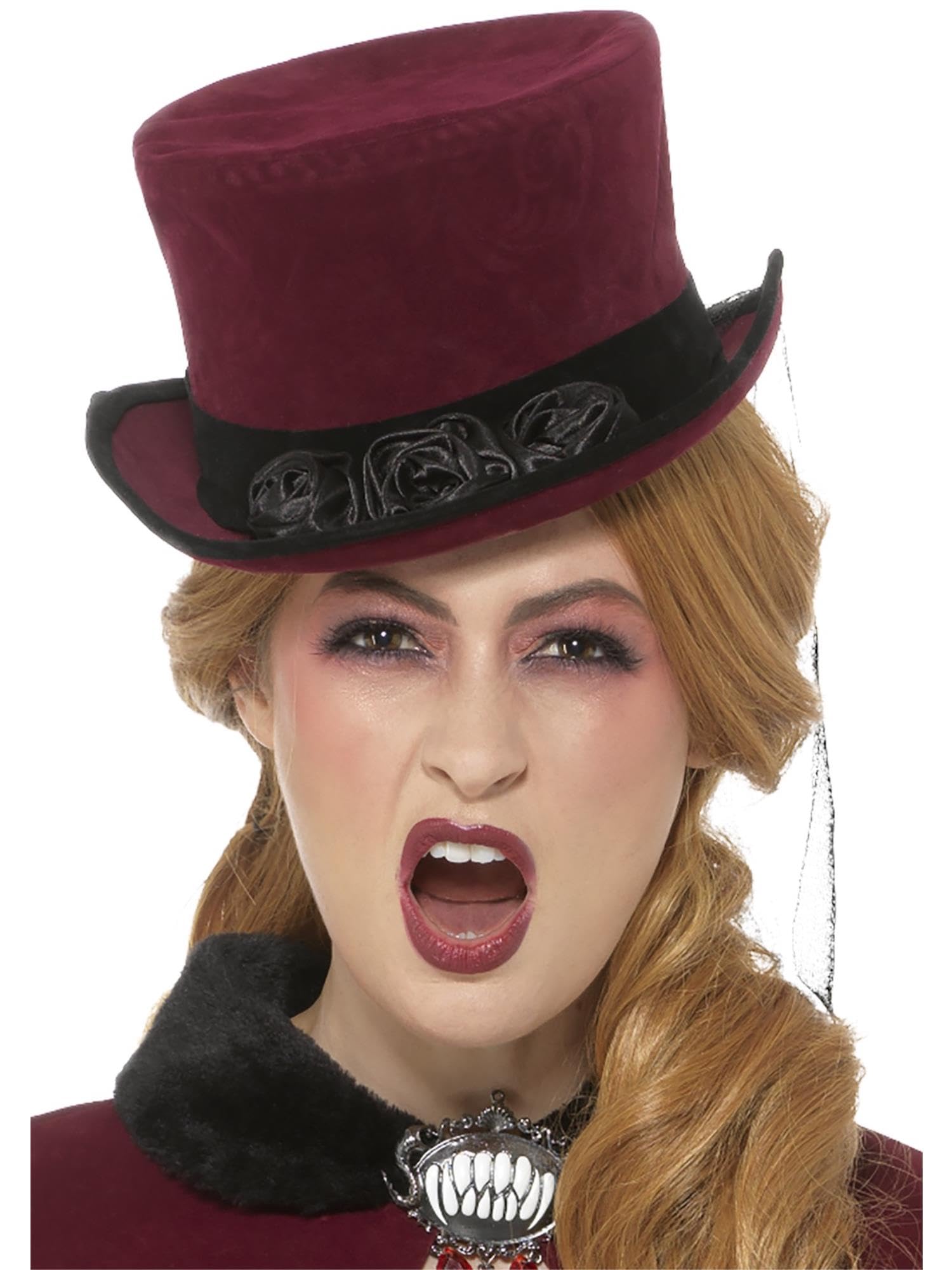Smiffys Deluxe Victorian Vampiress Hat, Burgundy with Veil, Halloween Fancy Dress Accessory, Vampire Dress Up Hats