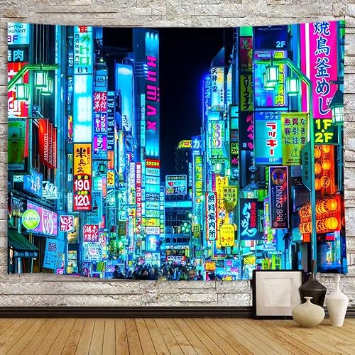 Miniatura 2 de iTapnoom Tapiz de anime japonés de neón punk, ciudad futurista, tapiz para colgar en la pared para hombres y niños, dormitorio, futuro fresco,