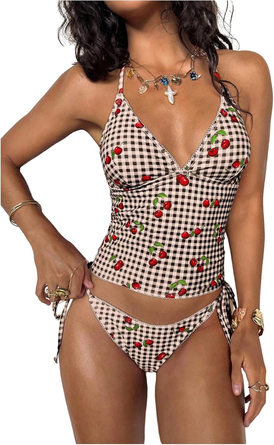SHENHE Women's Tankini Swimsuits Gingham Bow Halter Neck High Waisted Bathing Suit Swimwear