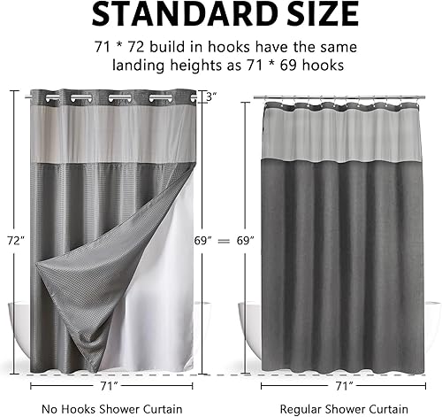 Miniatura 76 de Furlinic Cortina de ducha extra larga con tejido de gofre sin gancho con forro a presión, cortinas de baño de tela texturizada resistente