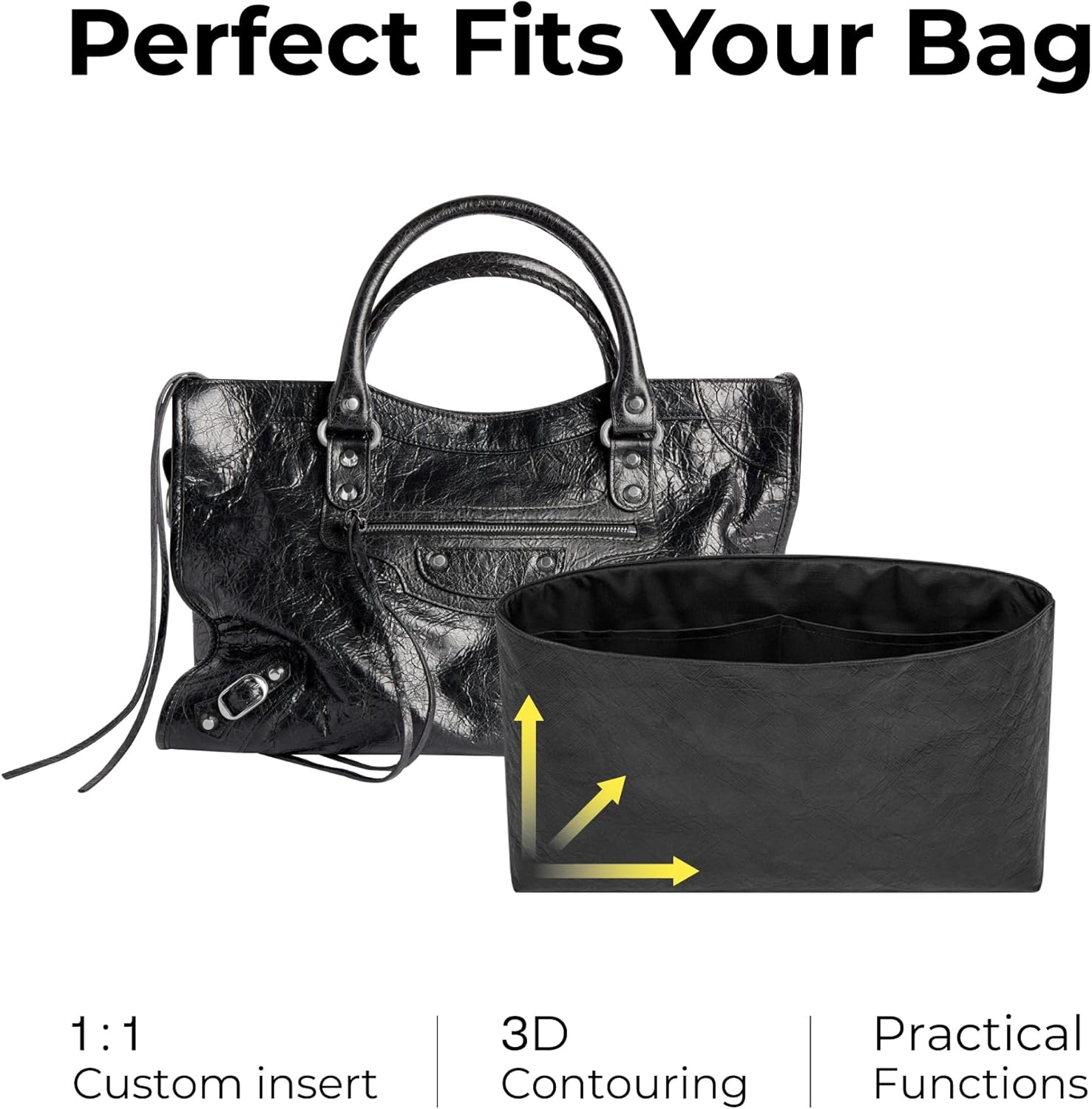 Purse Organizer Insert for BALENCIAGA City M Handbag,Custom Fit Inside Premium Matte Black Lightweight WaterResistant Tote Bag Insert with Cup Holder Accessories