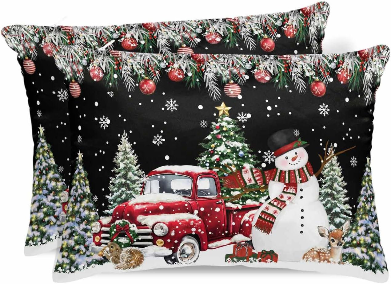 Black Christmas Body Pillow Cases, Snowman Xmas Truck Balls Tree Satin Pillowcase with Zipper for Hair/Skin, Decorative Pillow Covers for Bed/Couch/Sofa, 20x54 Inches