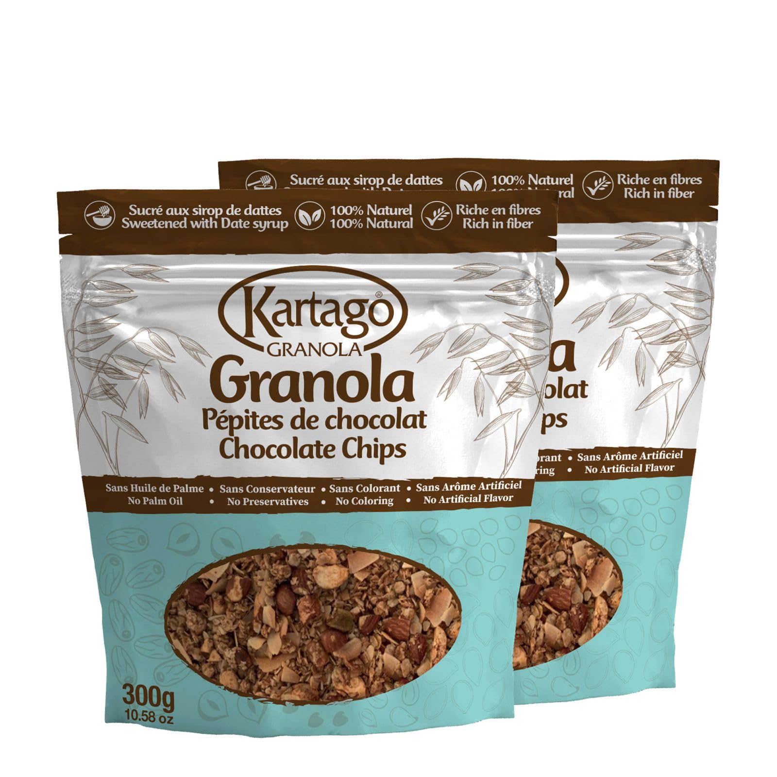 Kartago High Protein Granola, Chocolate Chip Granola Cereals, Naturally Sweetened with Date Syrup, Healthy Breakfast, Keto Friendly, 10.58 oz, (Pack