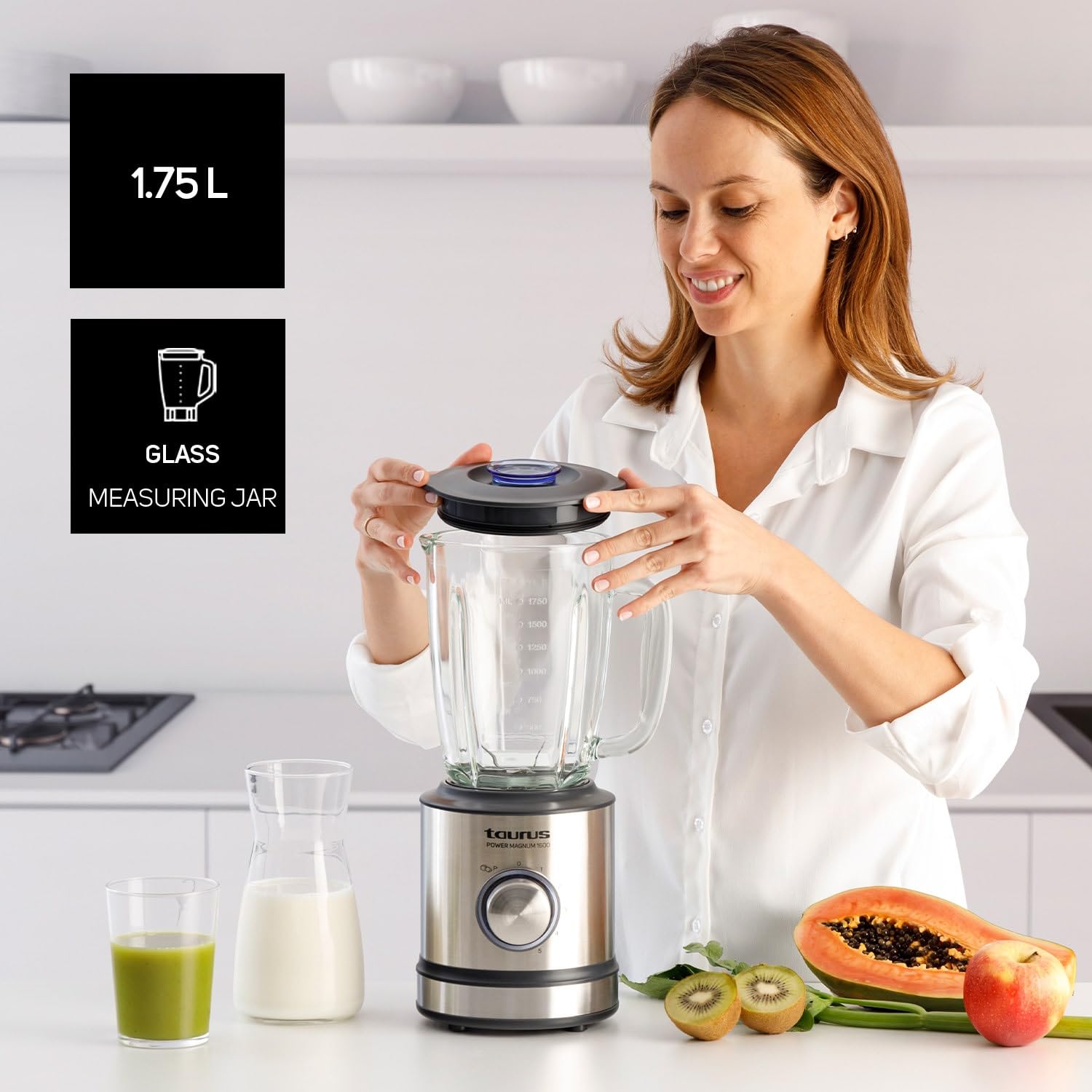 Taurus 1600 - Batidora de vaso, 1600 W, jarra cristal, 1.75 L, cuchillas de 6 filos, 5 velocidades + pulse, pica hielo, acero inoxidable, selector iluminado, inox